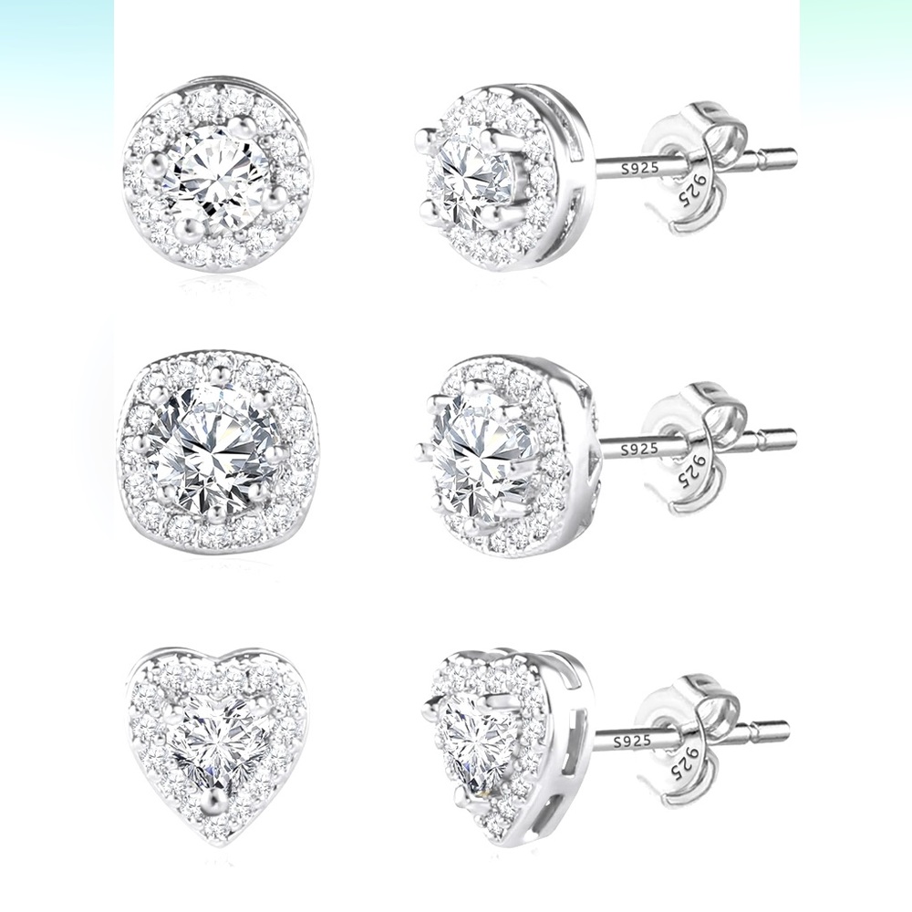 3 Piece Set 925 Sterling Silver Stud Earrings Women CZ Halo Round Heart Square